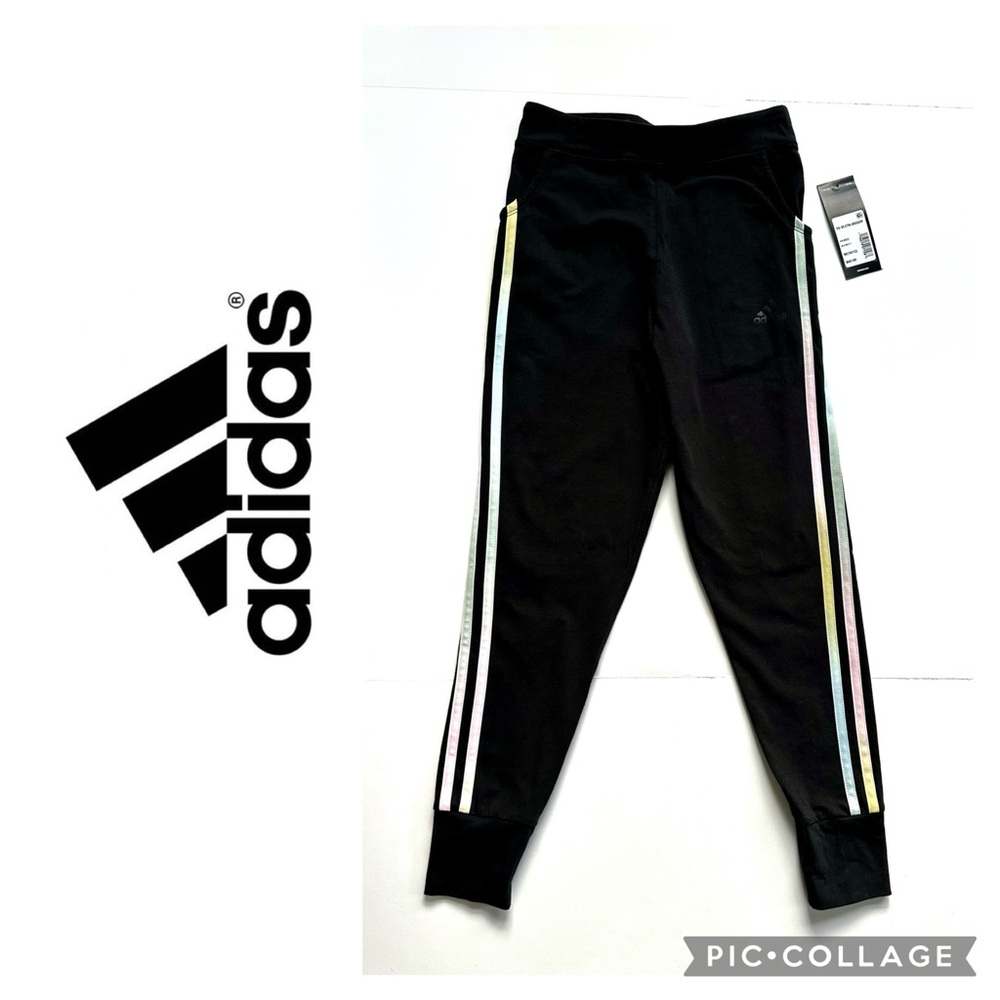 NWT Adidas Kids Black Leggings with Rainbow Stripes